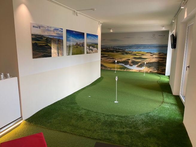 Los Angeles and Southern California indoor putting green in an office with scenic wall art